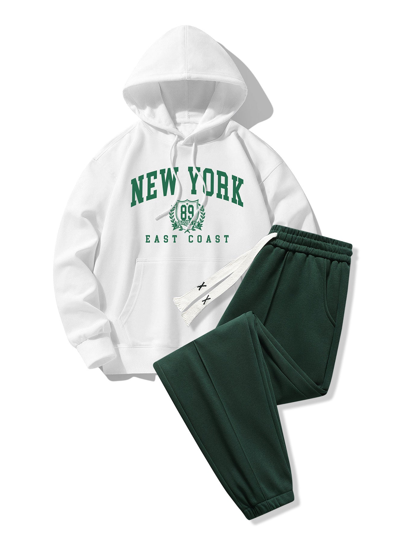 New York Varsity Print Cotton Blend Hoodie & Jogger Pants With Pintuck