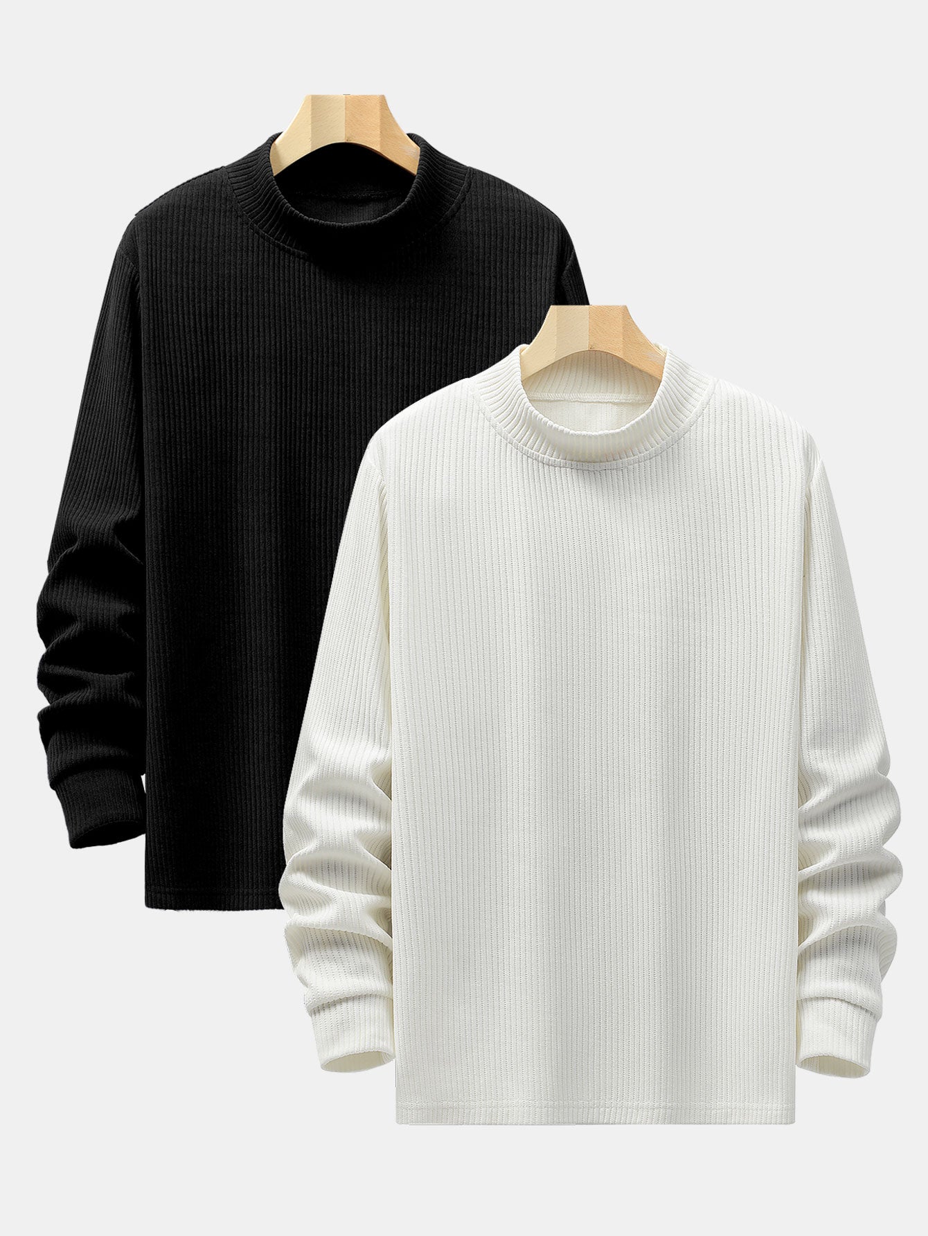2 Pieces Long Sleeve Muscle Fit Knit Ribbed Mock Neck T-Shirts