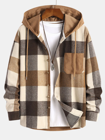 Relax Fit Flannel Plaid Corduroy Patchwork Hooded Shirt-HOOOYI