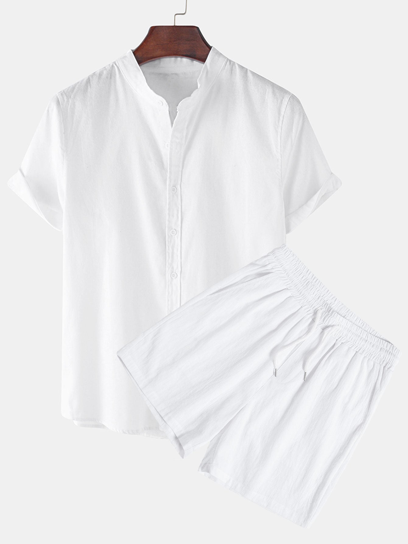 Man Textured Cotton Stand Collar Shirt & Shorts