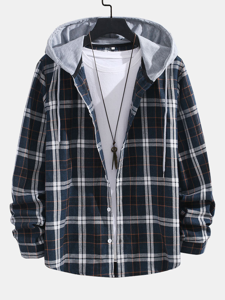 Contrast Plaid Button Up  Hoodie Shirt