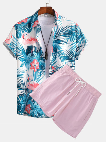 Flamingo Tropical Print Button Up Shirt-HOOOYI