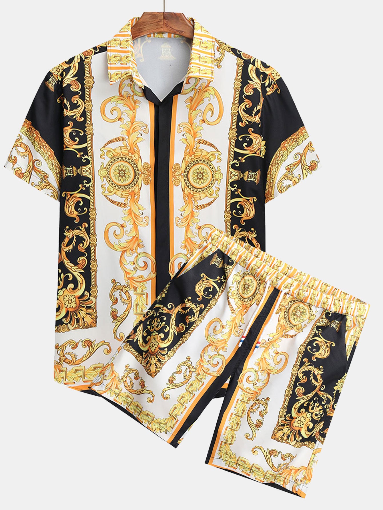 Baroque Print Button Up Shirt & Shorts