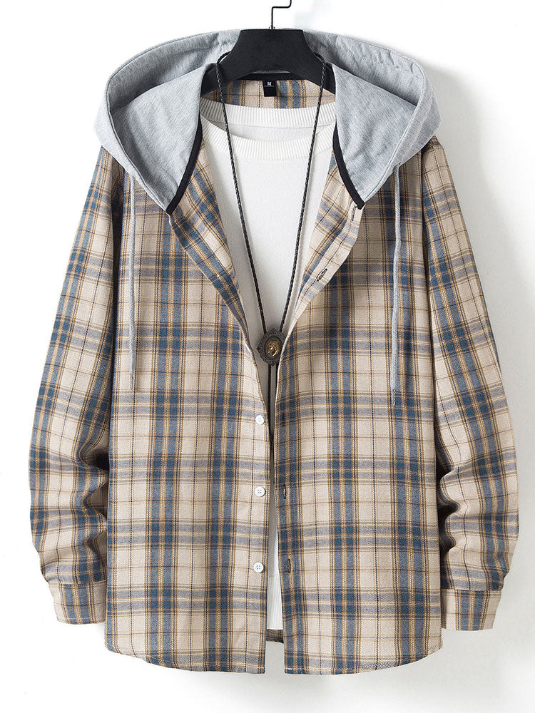 Button Up Contrast Hooded Plaid Shirt