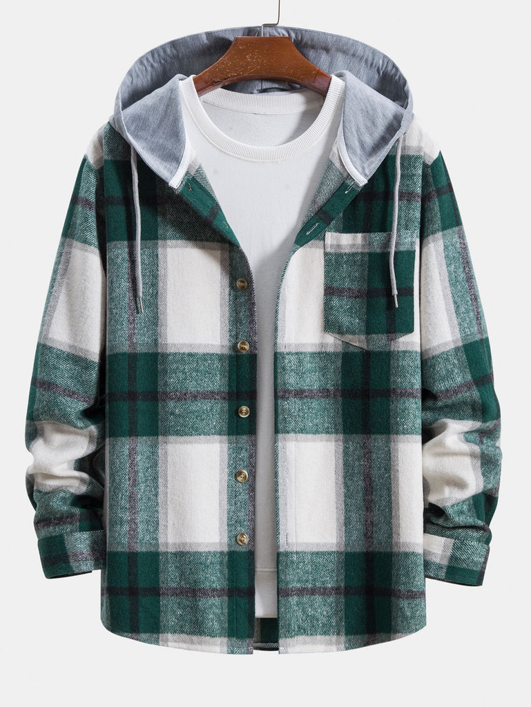 Contrast Flannel Plaid Hooded Overshirt