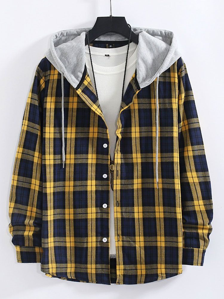 Plaid Contrast Button Up Hooded Shirt