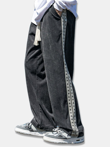 Straight Leg Relaxed Fit Corduroy Pants With Side Webbing