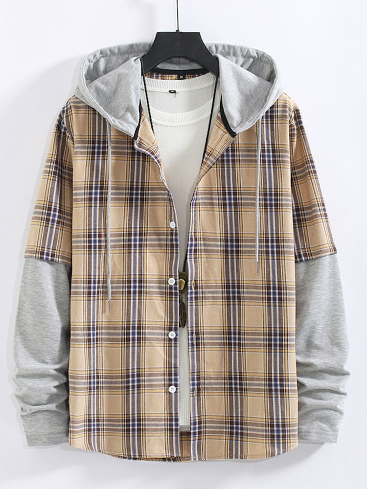 Plaid Contrast Hoodie Button Up Shirt