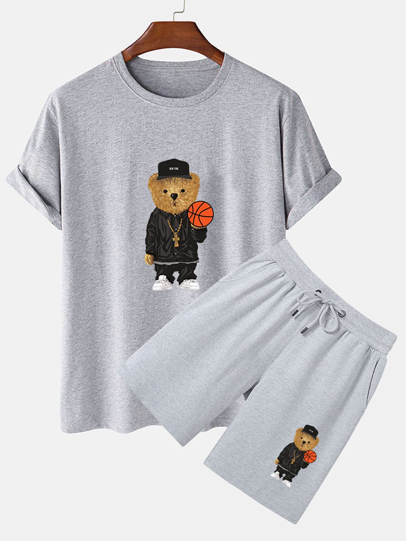 Basketball Bear Print T-Shirt & Shorts