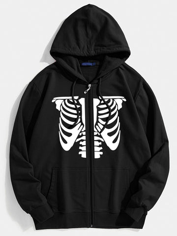 Skeleton Print Zip Through Hoodie