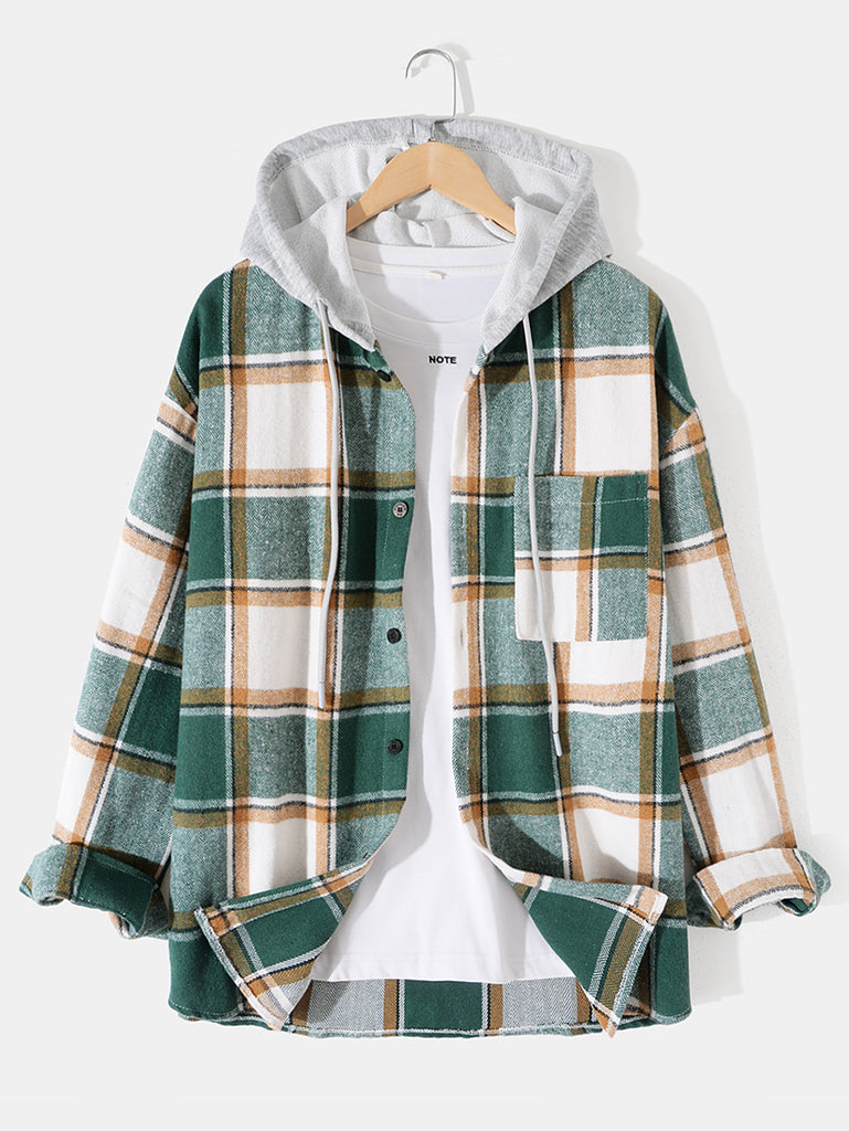 Relax Fit Flannel Plaid Contrast Hooded Overshirt