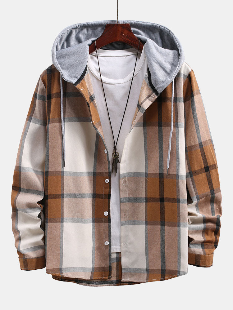 Button Up Contrast Hoodie Plaid Shirt