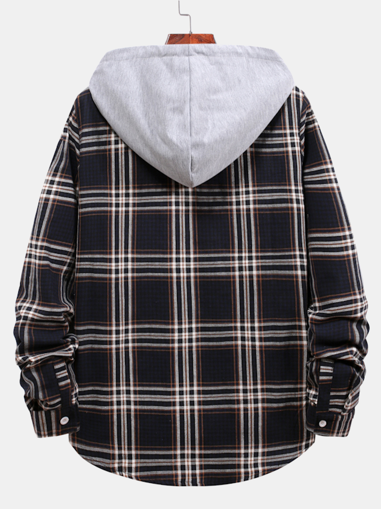 Contrast Hooded Button Up Plaid Shirts with Drawstring