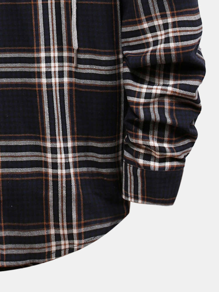 Contrast Hooded Button Up Plaid Shirts with Drawstring
