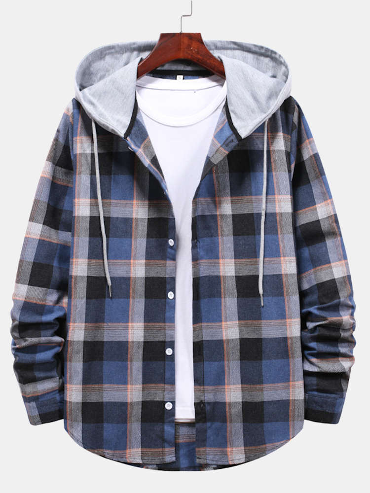 Multi Color Plaid Hooded Shirts with Drawstring