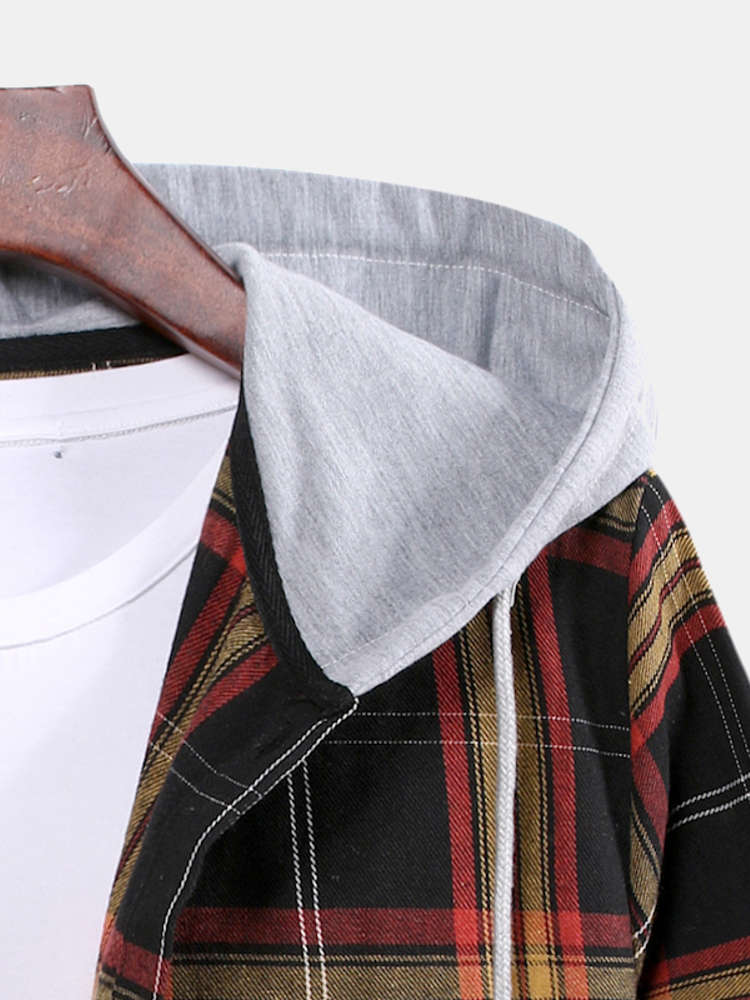 Contrast Patchwork Hooded Plaid Shirts