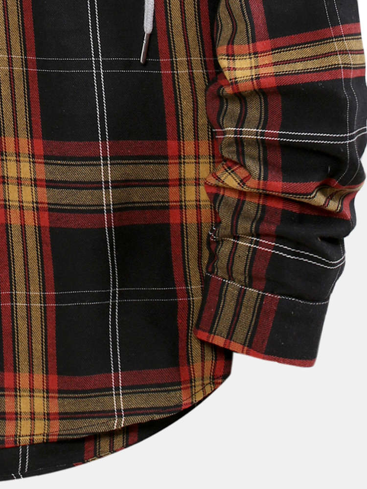 Contrast Patchwork Hooded Plaid Shirts
